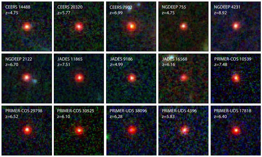 These images from the research show a subset of the 341 Little Red Dots from the various surveys. Image Credit: Kocevski et al. 2024. 