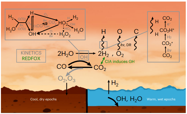 This figure from the paper shows Mars' H, C, and O chemistry, including ground sinks and escape processes. On the left are the cool and dry epochs triggered by oxygen lost to the crust. On the right are the warm and wet epochs driven by crustal hydration and oxidation that release H2. "In all epochs, CO2 and H2O photolysis (energy from photons represented in the cartoon as hv) drives the photochemistry, and escape of H, C and O is considered," the authors write. In modern Mars, however, dissociative recombination is how oxygen primarily escapes. Image Credit: Adams et al. 2025. 