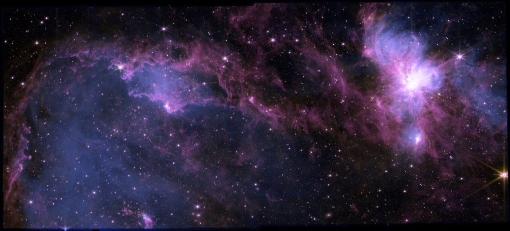 A composite image created using JWST NIRCam and ALMA data. Light from stars is shown in yellow, while blue and purple represent the dust and gas fueling star formation. Image Credit: NSF/AUI/NSF NRAO/S.Dagnello