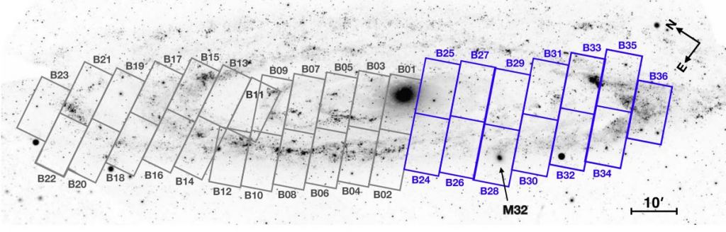 This image from the research shows the locations of the 13 "bricks" in PHAST (grey) and the 23 bricks from PHAT (blue.) Each of the new PHAST bricks consists of 15 HST pointings, each of which includes observations in two HST cameras: the Advanced Camera for Surveys and the Wide Field Camera 3. M32 is marked with an arrow in Brick 28. Image Credit: Chen et al. 2025.