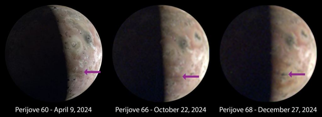 Juno's JunoCam imager captured these images of Io in 2024. They show significant and visible surface changes (indicated by the arrows) near the Jovian moon's south pole. These changes occurred between the 66th and 68th perijove, or the point during Juno's orbit when it is closest to Jupiter. Image Credit: NASA/JPL-Caltech/SwRI/MSSS. Image processing by Jason Perry