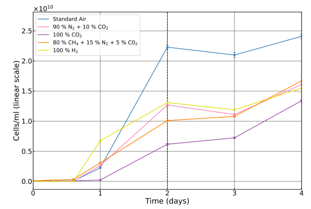 This figure shows the cell count for E. coli K12 in each simulated atmosphere. Image Credit: Kuzucan et al. 2025.