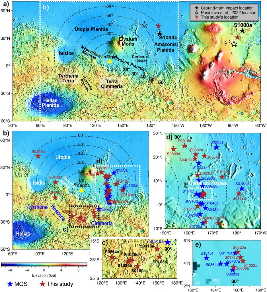 This figure from the research letter illustrates some of the work. (a) shows the topography with location names marked. (b) shows Marsquake locations from InSight Marsquake Service (2023) in blue stars, and this study's locations are in red stars. (c)–(e) are enlarged views of Marsquake locations for clarity, with (c) showing the new cluster of quakes. The yellow triangle shows InSight's location. Image Credit: Sun and Tkal?i? 2025. 