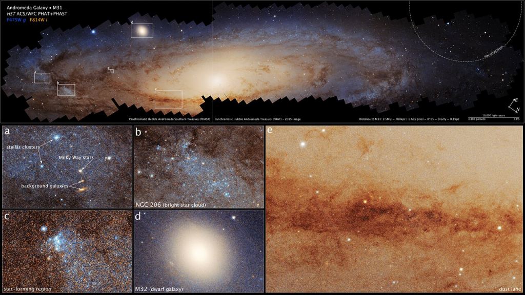 This is the largest photomosaic ever made by the Hubble Space Telescope. Andromeda is seen almost edge-on, tilted by 77 degrees relative to Earth's view. The galaxy is so large that the mosaic is assembled from approximately 600 separate fields of view taken over 10 years of Hubble observing. The Andromeda galaxy is shown at the top of the visual. It is a spiral galaxy that spreads across the image. It is tilted nearly edge-on to our line of sight so that it appears very oval. The borders of the galaxy are jagged because the image is a mosaic of smaller, square images against a black background. The outer edges of the galaxy are blue, while the inner two-thirds are yellowish with a bright, central core. Five callout squares highlight interesting features of the galaxy. Image Credit: NASA, ESA, B. Williams (U. of Washington)