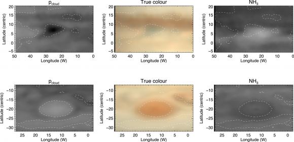 Projected variations of ammonia abundance in Jupiter's clouds, as well as cloud-top pressure near the Great  Red Spot and the North Equatorial Dark features. These were made following Hill's methodology.   Courtesy Irwin, et al./JGR. 