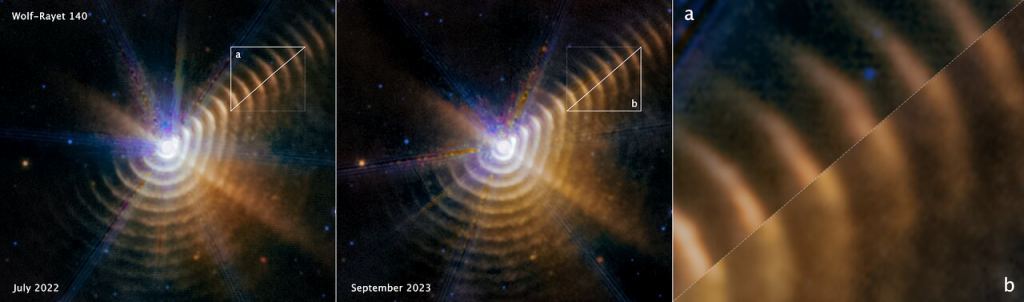 Compare the two mid-infrared images taken by the James Webb Space Telescope of Wolf-Rayet 140, a system of dust shells ejected by two massive stars that are in an elongated orbit. In the top right of the first two images, two triangles are matched up to show how much the rings have moved in 14 months. The dust is moving away from the stars at more than 2,600 km per second, about 1% of the speed of light. The rings of carbon-rich dust are created for a few months every eight years. Image Credit: NASA, ESA, CSA, STScI, E. Lieb (University of Denver), R. Lau (NSF NOIRLab), J. Hoffman (University of Denver)  
