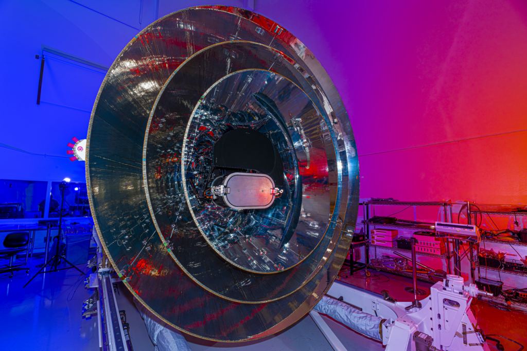 This image shows a semi-frontal view of the SPHEREx observatory during integration and testing at BAE Systems (Boulder, CO). Image Credit: NASA/JPL-Caltech.