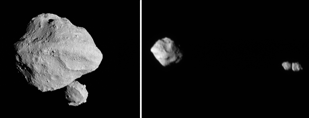 These two images from Lucy show the asteroid Dinkinesh and its satellite Selam. The first image (L) shows Selam just coming into view behind Dinkinesh. The second image (R) reveals that Selam is actually two objects, a contact binary. Image Credits: By NASA/Goddard/SwRI/Johns Hopkins APL/NOIRLab - Public Domain, https://commons.wikimedia.org/w/index.php?curid=139996127