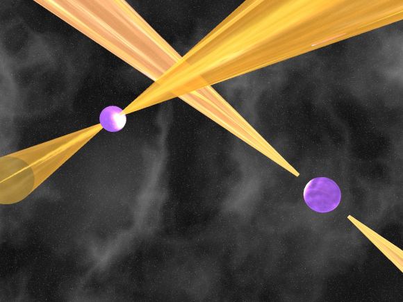 Artist's impression of a binary pulsar by Michael Kramer, Jodrell Bank Observatory. Binaries are used to map dark matter effect on the gravitational field of the galaxy.