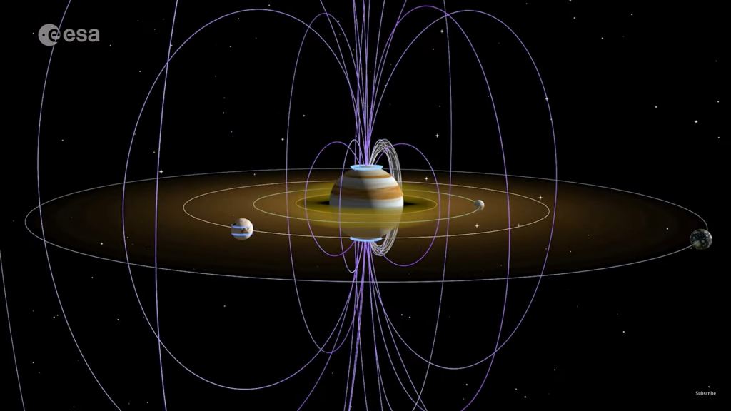 This illustration shows Jupiter's powerful magnetic field and the four Galilean moons. Image Credit: ESA. Licence: ESA Standard Licence