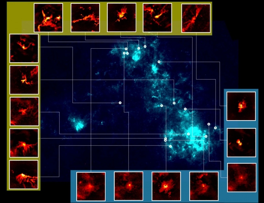 This figure from the new research shows the 17 molecular clouds the researchers observed with ALMA. Most had the same filamentary shape as clouds in the Milky Way, shown in the yellow boxes. But 40% had a fluffy shape, as shown in the blue boxes. Image Credit: (ALMA (ESO/NAOJ/NRAO), Tokuda et al., ESA/Herschel)