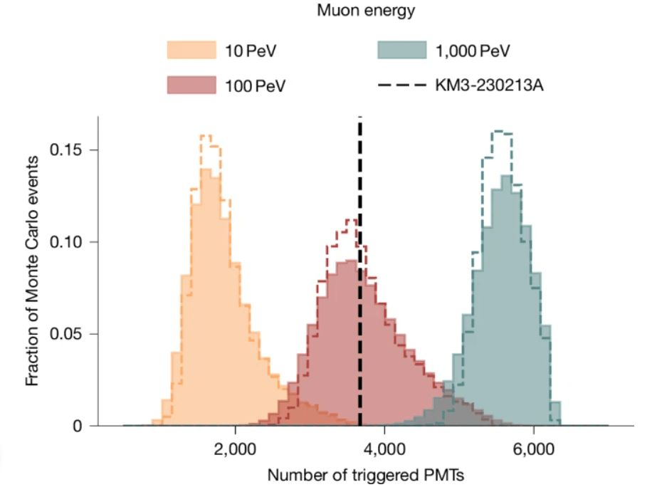 This figure shows the number of detections in a simulation of the KM3-230213A event. The simulation helps researchers determine the true muon energy. "The normalized distributions of the number of PMTs participating in the triggering of the event for simulated muon energies of 10, 100 and 1,000?PeV," the authors write. The vertical dashed line indicates the observed value in KM3-230213A with 3,672 PMT detections. Image Credit: The KM3NeT Collaboration, 2025.