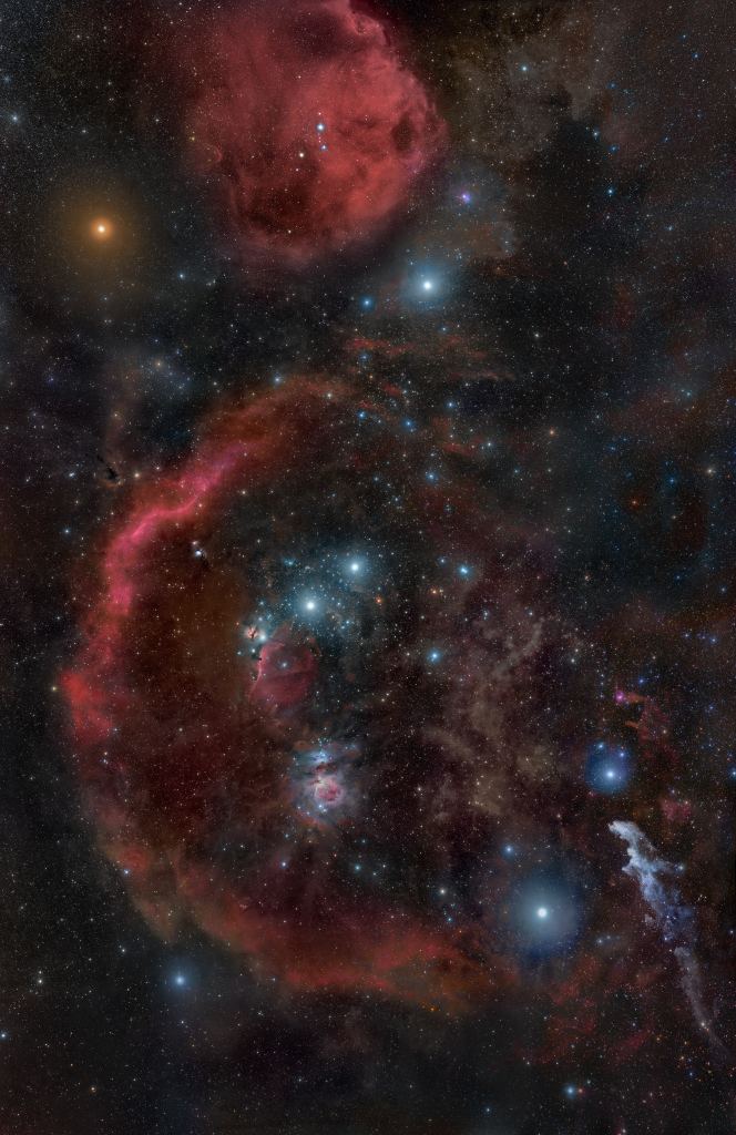 This photo by renowned astrophotographer Rogelio Bernal Andreo shows the Orion constellation and the surrounding nebulas of the Orion Molecular Cloud complex. The clouds in the complex hold frozen water and other chemicals critical to life. Image Credit: By Rogelio Bernal Andreo - http://deepskycolors.com/astro/JPEG/RBA_Orion_HeadToToes.jpg, CC BY-SA 3.0, https://commons.wikimedia.org/w/index.php?curid=20793252