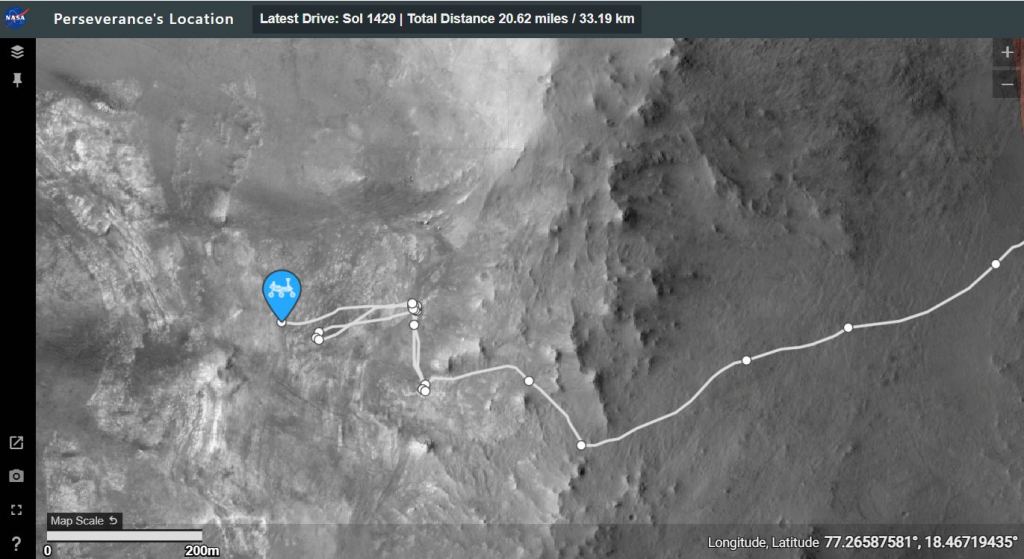 This image from NASA's Perseverance Location Tracker shows the rover's convoluted path as it explores the rim of Jezero Crater. Image Credit: NASA/JPL