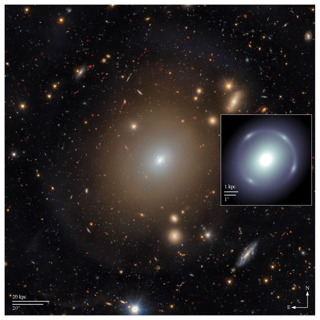 This image shows Euclid imaging data used in this work and in which Altieri's lens was discovered. The main panel shows a composite false-colour image produced by combining the VIS and NISP data. The inset shows only the higher-resolution VIS data in the central 8? of the image, indicated by the square in the main panel. Image Credit: O'Riordan et al. 2025.