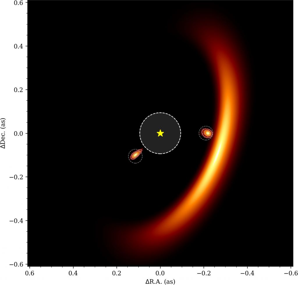 This image from the study shows PDS 70 and its two planets with circumplanetary disks. The disks indicate that the planets are still growing by accumulating material, likely gas, from their disks. The larger orange feature is part of the larger disk surrounding the star and the planets. Image Credit: Blakely et al. 2025. 