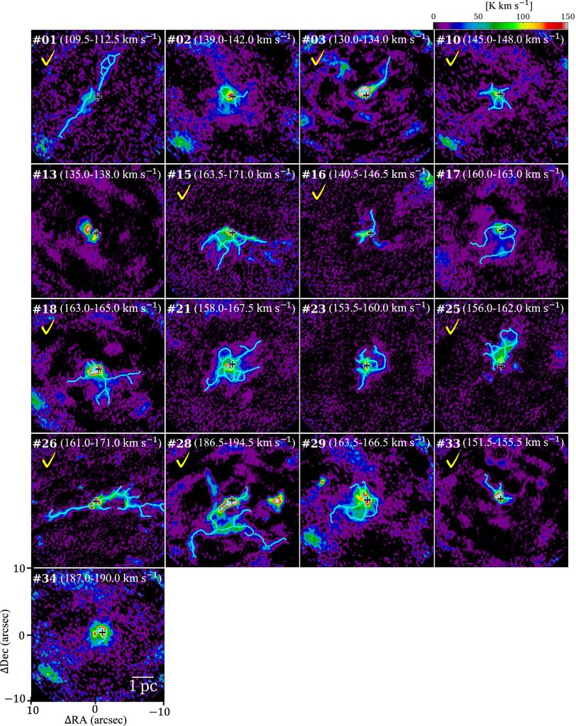 This figure shows the 17 molecular clouds in the study. The ones with yellow check marks are the ones identified as filaments. Image Credit: Tokuda et al. 2025.