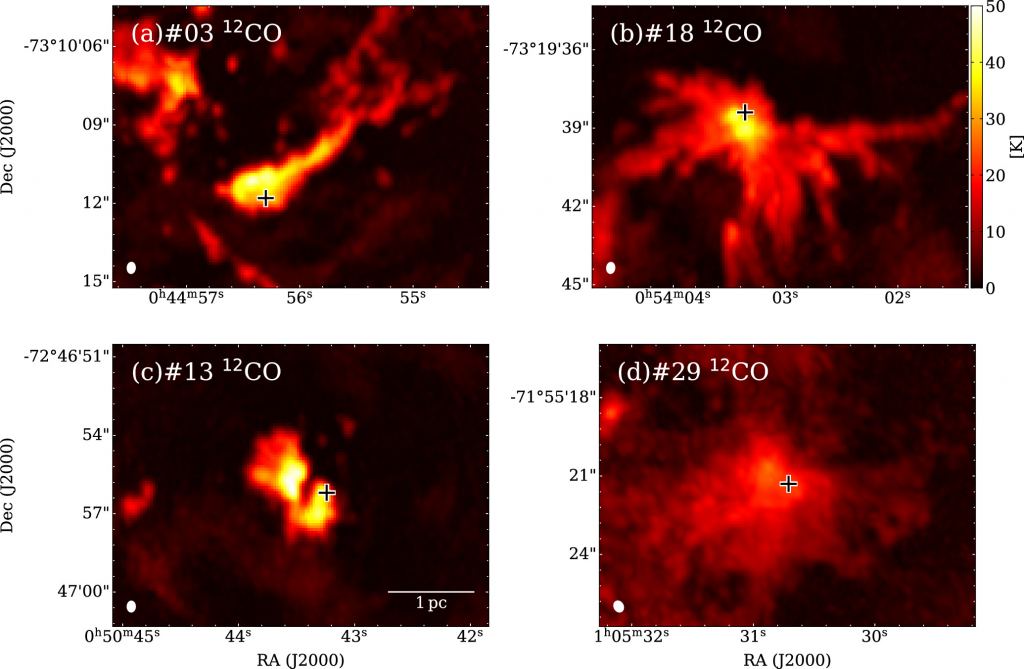 These panels illustrate the four types of filaments the authors used to categorize their observations: (a) single filaments, (b) hub filaments, (c) spatially compact clouds, and (d) diffuse clouds. Image Credit: Tokuda et al. 2025.