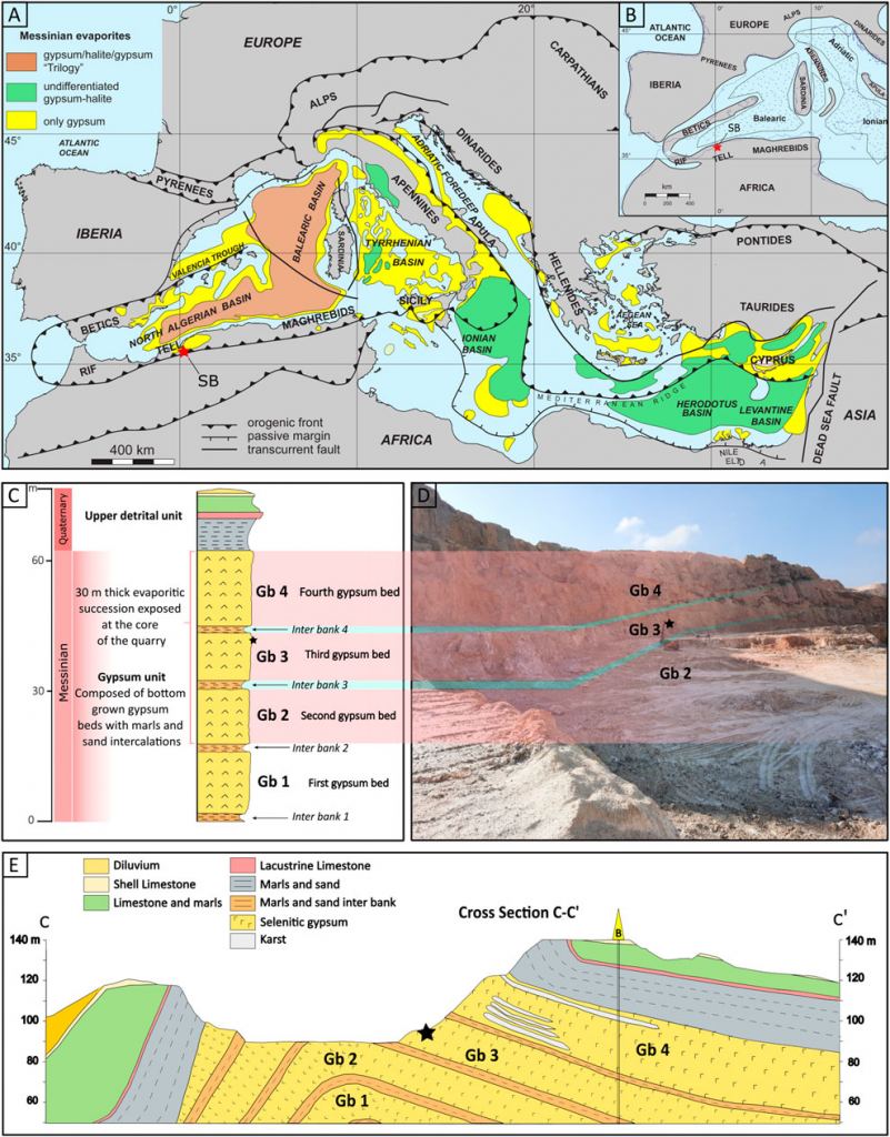 These figures from the research show gypsum deposits in the These figures from the research show gypsum deposits in the Mediterranean, including the Sidi Boutbal quarry in Algeria, where the researchers tested their method. The black stars in C, D, and E show the sampled gypsum unit. Image Credit: Sellam et al. 2025.