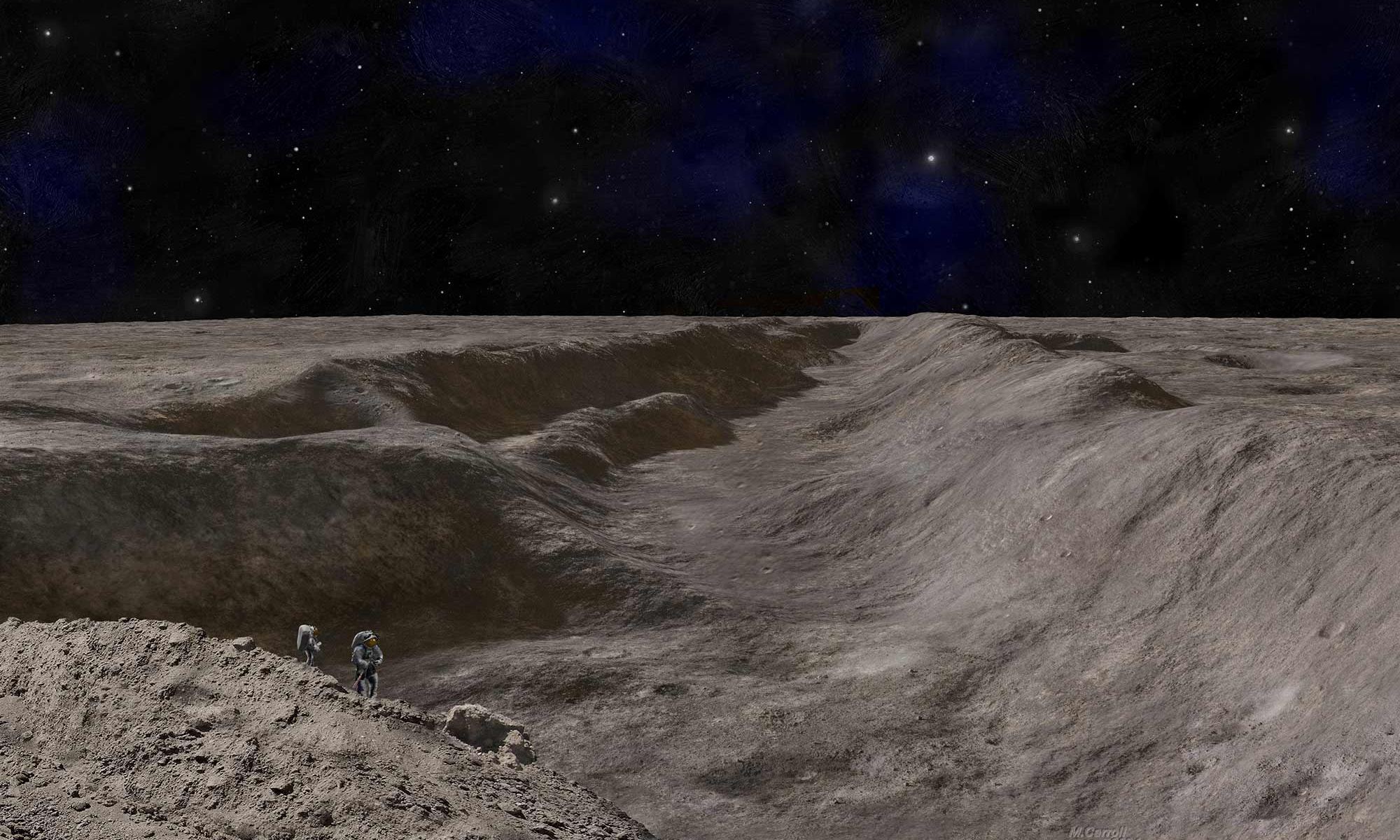 Artistic rendering of astronauts standing on the edge of the Vallis Schrödinger canyon. It extends out from the Schrödinger impact basin. Credit: Lunar and Planetary Institute/Michael Carroll.