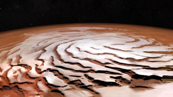 Mars, is permanently covered by water-ice at its north pole. The ice sheet here is approximately 1000 kilometres in diameter and up to three kilometres thick, and its load depresses the rocky crust beneath. For the first time, it has been possible to determine the speed of this process – which occurs at a rate of up to 0.13 millimetres per year. This implies that the mantle below Mars's crust is highly viscous, approximately 10 to 100 times more viscous than Earth's mantle. The processes that led to the cap's several-hundred-metre-deep valleys between the spiral-shaped ice formations are not yet clear, but may be related to prevailing wind patterns in this region. Credit: ESA/DLR/FU Berlin, NASA MGS MOLA Science Team