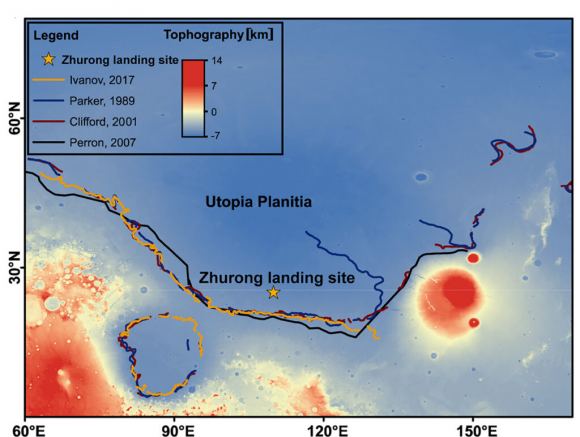 Map of Utopia Planitia showing the landing site of the Zhurong rover and four proposed ancient shorelines. The landing site is about 280 kilometers north of and some 500 meters lower in elevation than the northern hypothesized shorelines. In its traverse, Zhurong traveled south from its landing site, toward the ancient shorelines. Courtesy:  Hai Liu, Guangzhou University, China