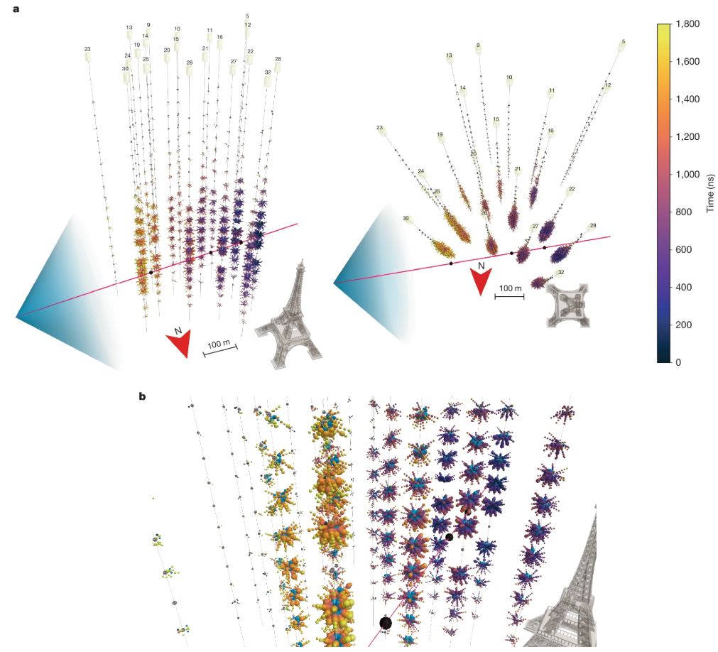 This figure shows side and top views of the event in (a), with the Eiffel Tower shown for scale. The red line shows the reconstructed trajectory of the muon created by the neutrino interaction. The hits of individual photomultiplier tubes (PMTs) are represented by spheres stacked along the direction of the PMT orientations. Only the first five hits on each PMT are shown. The spheres are colour-coded relative to the first initial detection, and the larger they are, the more photons were detected, equating to energy level. Image Credit: The KM3NeT Collaboration, 2025. 