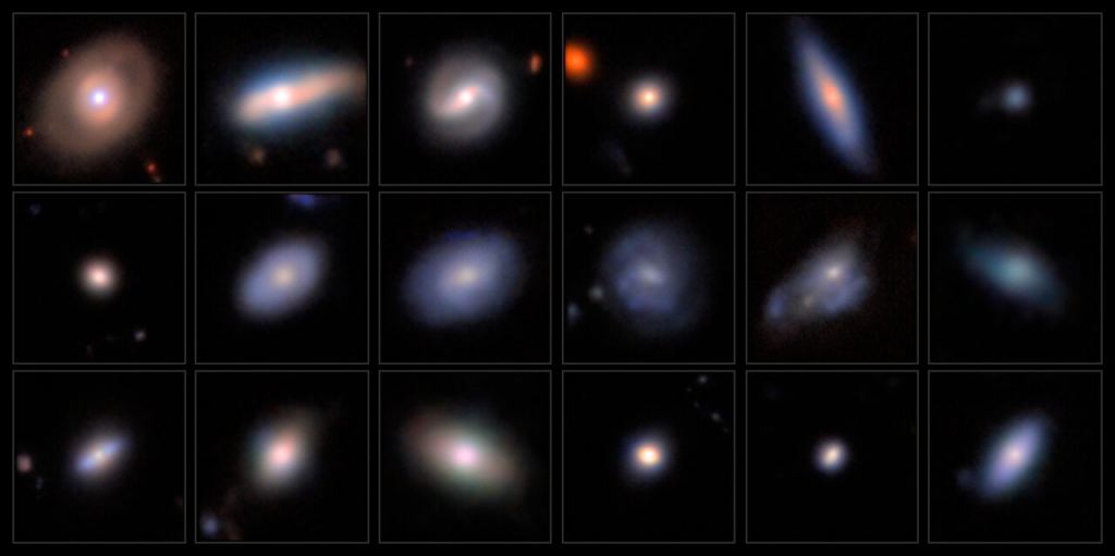 This mosaic shows a series of images featuring candidate dwarf galaxies hosting an active galactic nucleus, captured with the Subaru Telescope's Hyper Suprime-Cam. Image Credit: Legacy Surveys/D. Lang (Perimeter Institute)/NAOJ/HSC Collaboration/D. de Martin (NSF NOIRLab) & M. Zamani (NSF NOIRLab)