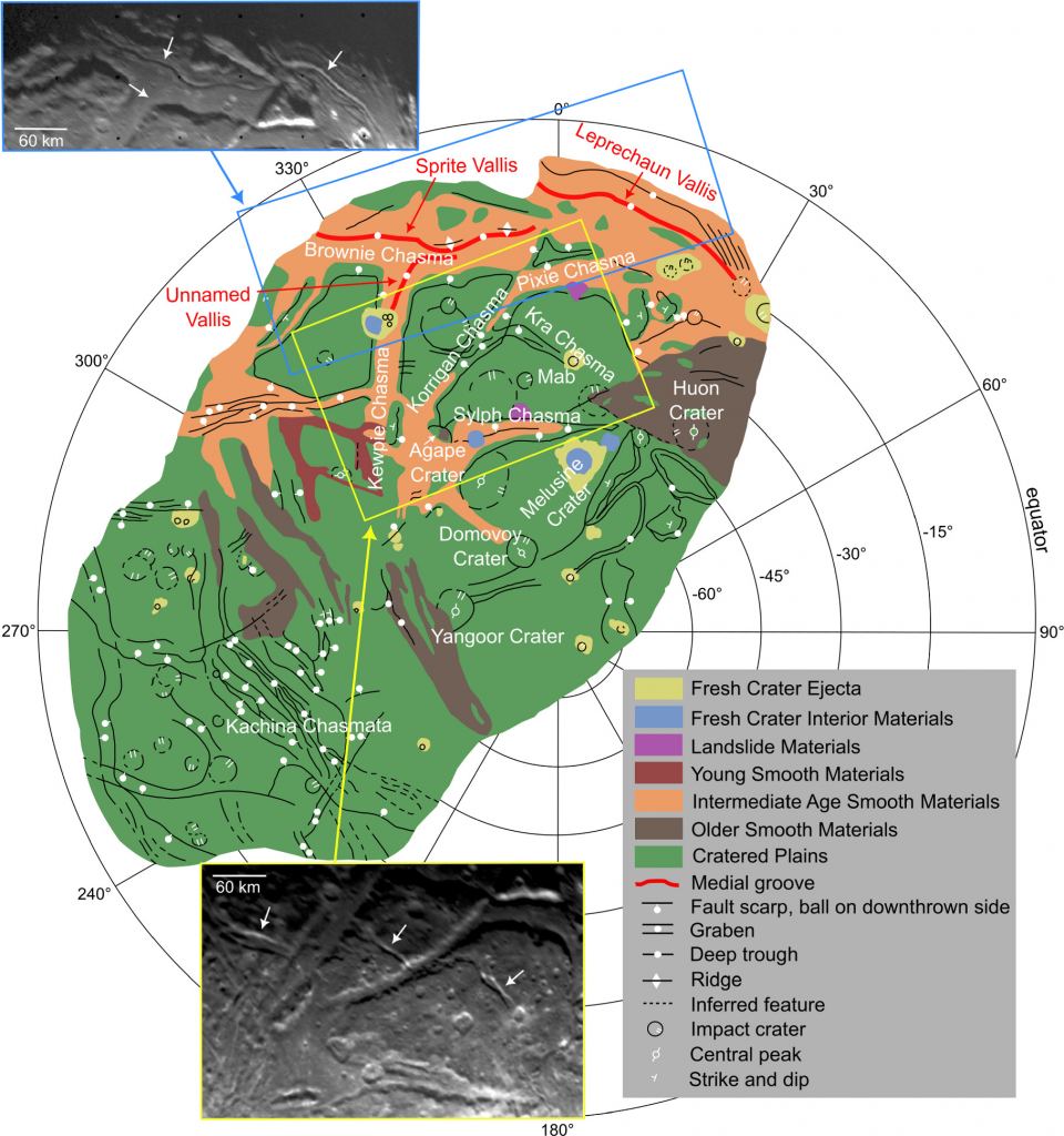 This image from the research puts Ariel's complex surface on full display. The locations of the three known medial grooves are shown in red. Image Credit: Beddingfield et al. 2025. 