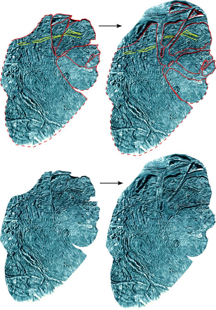 This figure from the study shows possible configurations of Ariel's Cratered Plains before (left) and after (right) spreading occurred. Note how neatly the chasma walls line up. 